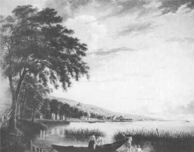 Staad. Blick gegen Westen um 1860. Oelbild von Joseph Martignoni.