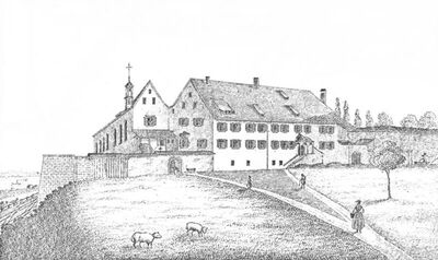 Kloster St. Scholastika von Westen, um 1870, Stahlstich