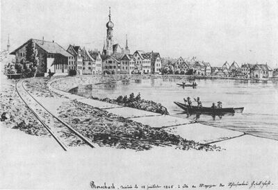 Tuschfederzeichnung von Oscar Huguenin (1842-1903), «Rorschach dessiné le 15 juillet 1865, a coté du Magazin der Schieferbau Gesellschaft».