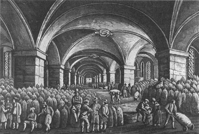 Das Innere des Kornhauses. Aquatinta von J. B. Isenring, 1835. Isenrings Darstellung zeigt den Betrieb an einem Donnerstagmarkt.