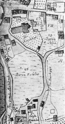 Die älteste Tabakfabrik am Mühlbach (links unten). Ausschnitt aus Tafel I des Rorschacher Atlasses des Stiftsarchivs St.Gallen (Band 1350).