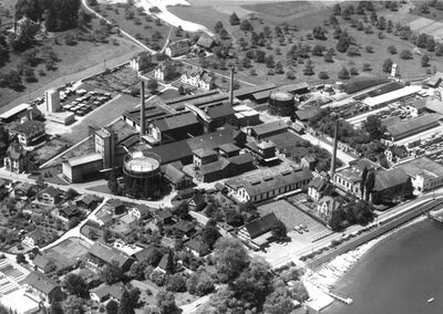Gas- und Wasserwerk der Stadt St. Gallen im Rietli Goldach (1904 - 1969). Das Wasserwerk ist am rechten Bildrand ganz rechts am Bodensee.