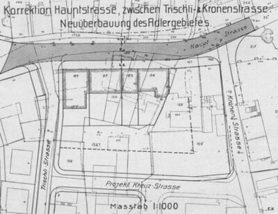 Korrektion der Hauptstrasse zwischen Trischli- und Kronenstrasse: Planskizze 1934