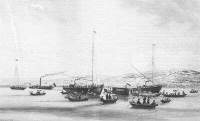 Die gebobene Ludwig wird in den Hafen von Rorschach geschleppt. Aquarell von Joseph Martignoni.